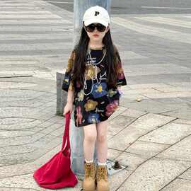 女童短袖t恤夏装2025新款女孩夏季时尚上衣女大童韩版嘻哈宽松长t