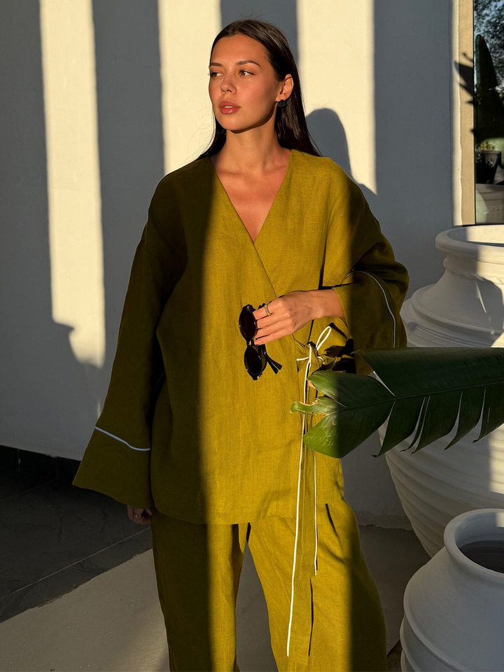 Bộ đầm hai món nữ áo cardigan cổ chữ V dài tay phối quần ống rộng — Màu be, Xanh lá cây, màu đen chi tiết 9
