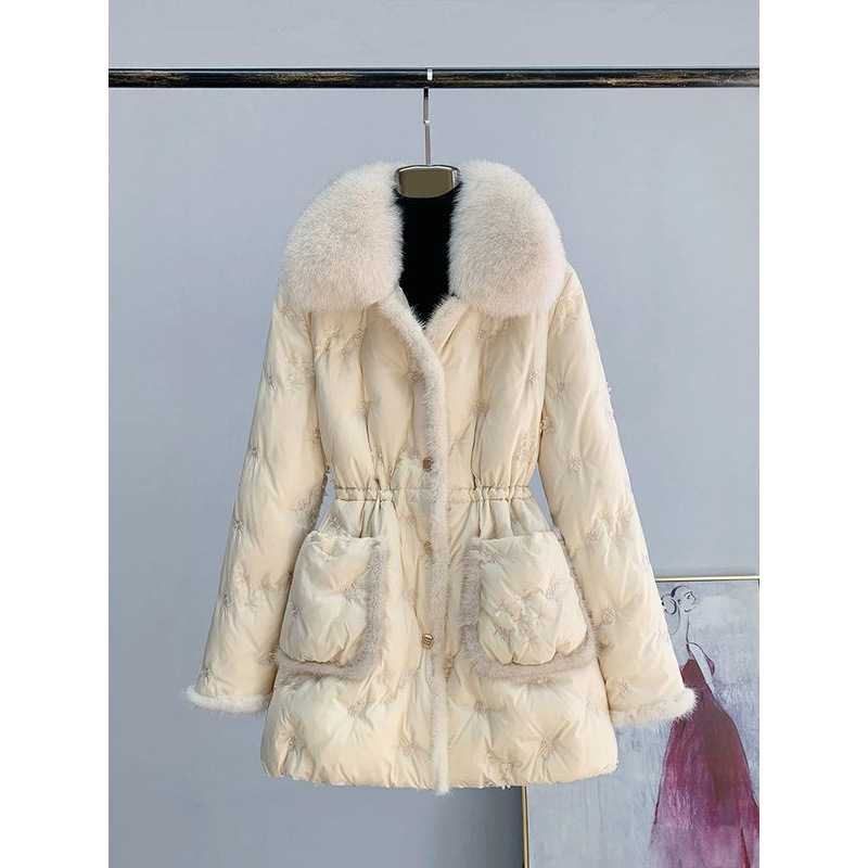 New Style Detachable Fur Collar Leather down Jacket Mid-Length Mink Fur White Duck down Winter Slim Jacket for Women