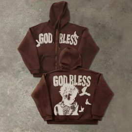 跨境亚马逊男士连帽拉链卫衣 复古 Y2K 字母印花街头潮牌休闲外套