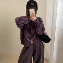韩系双拉链条纹连帽针织开衫女装秋冬新款慵懒风休闲短款毛衣外套