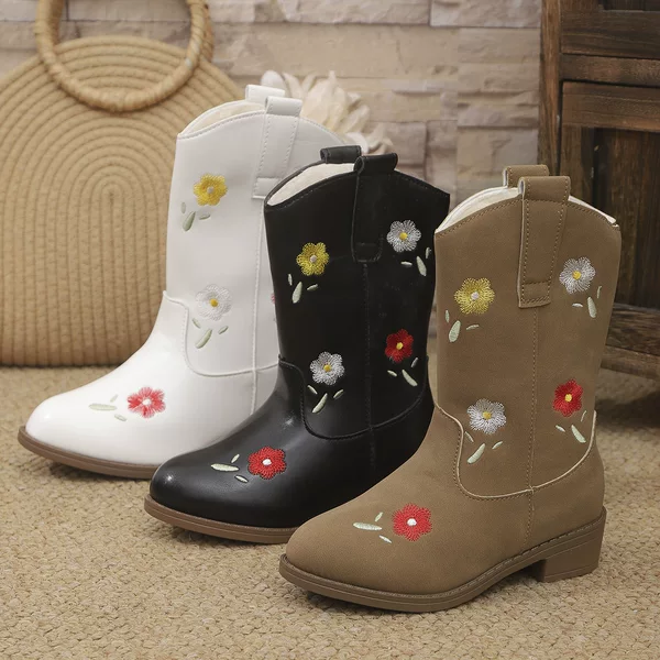 Cross-Border Amazon Autumn and Winter New Foreign Trade Large Size Knight Women's Boots Square Toe Embroidered Flower Pattern Western Boots for Women
