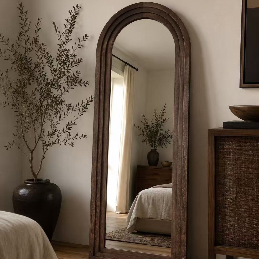 Old elm wood floor-standing dressing mirror, vintage solid wood arched full-length mirror, shop and clothing store fitting mirror, homestay wall-mounted mirror