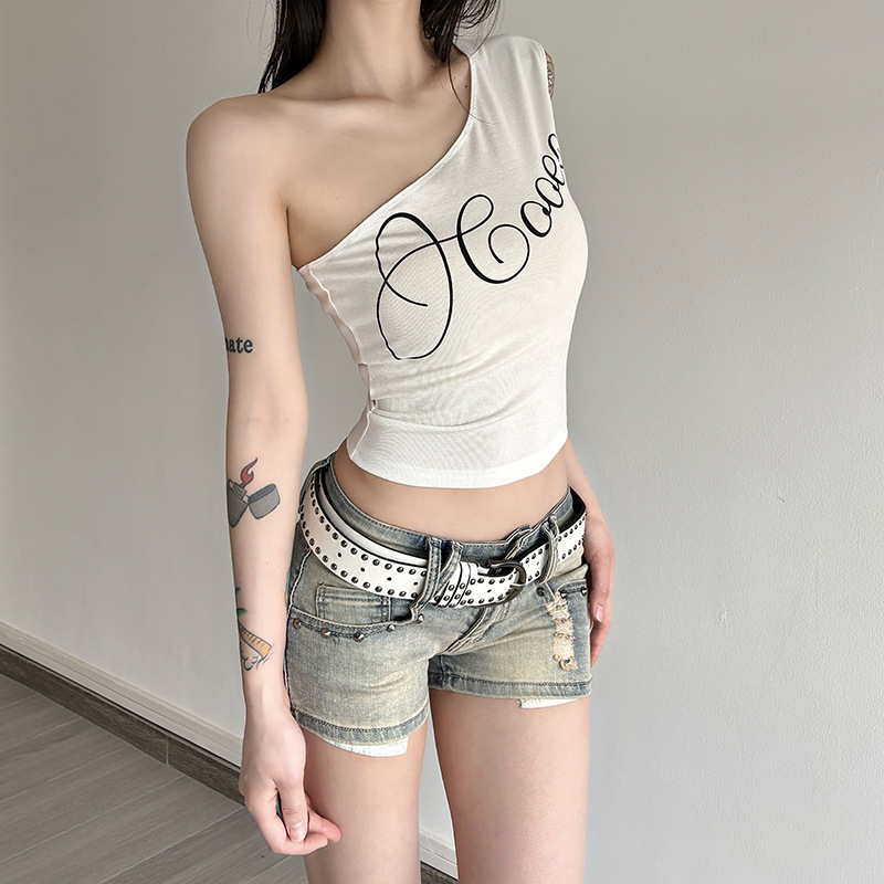 跨境欧美风2025夏季新款女装个性字母印花时尚百搭日常单肩上衣