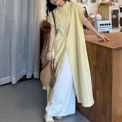 黄色单排扣短袖连衣裙女夏季2025新款宽松显瘦慵懒风休闲简约套装