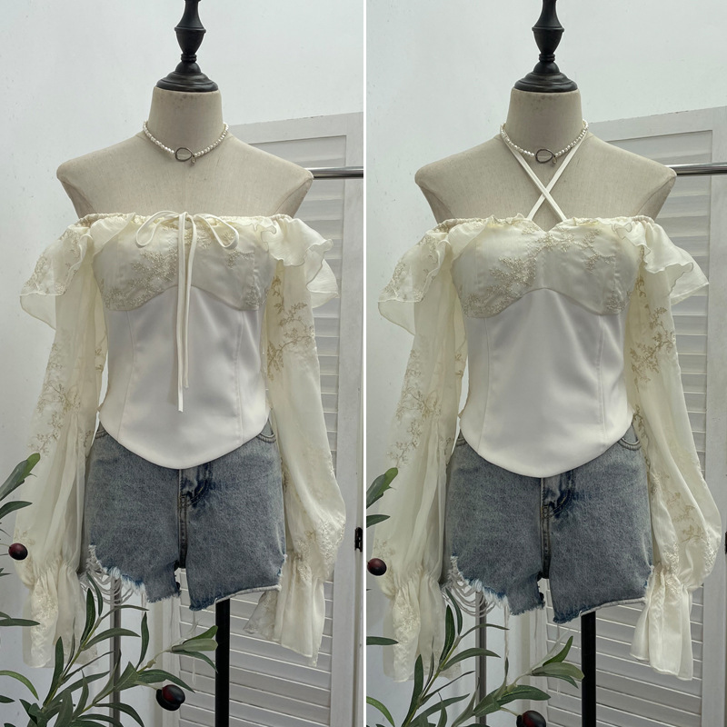 Real Shot of a One-Shoulder Tie-Neck Embroidered Lace Top with Chest Pads, Slim Fit, Flared Long Sleeves, Short Style 9650 Real Shot of a One-Shoulder Tie-Neck Embroidered Lace Top with Chest Pads, Slim Fit, Flared Long Sleeves, Short Style 9650
