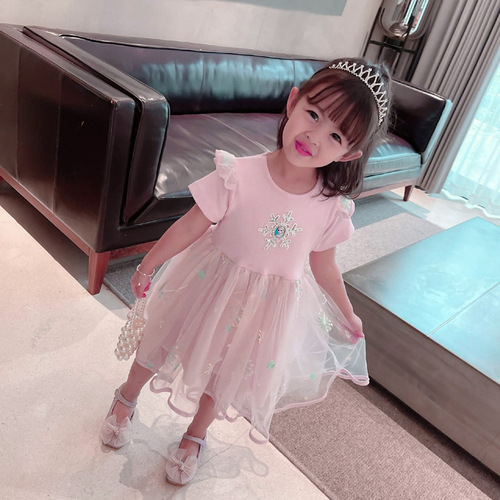 Little Girl Summer Dress Elsa Princess Style Children's 2024 New Fashion Trend Baby Net Dress