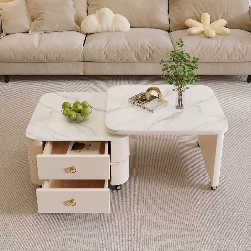 Журнальный столик 2025 года, новый, из сланца, для дома, маленькой квартиры, современный, в стиле лёгкой роскоши, кремового цвета, вращающийся, мобильный, квадратный.