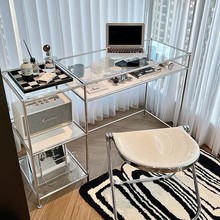 轻奢钢化玻璃书桌写字台家用简约化妆桌办公桌子中古不锈钢电脑桌