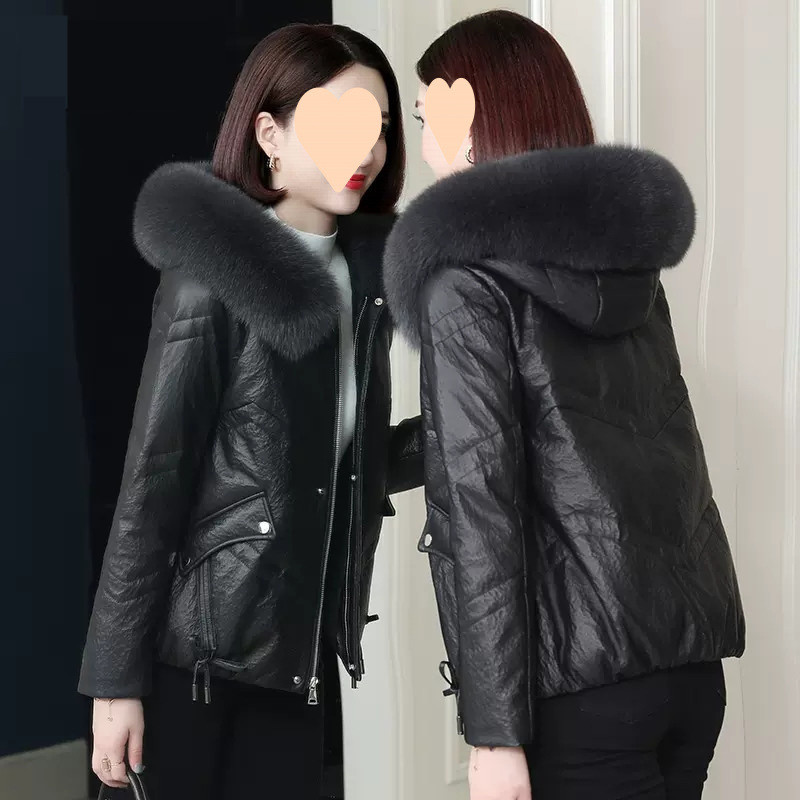 Leather down cotton jacket for women in winter new hooded large fur collar leather jacket short