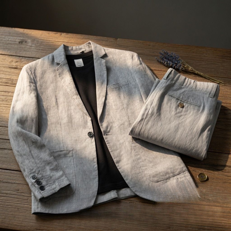 Linen Suit Set, Loose Casual Fashion Solid Color Jacket, Cotton-Linen Single-Breasted Wholesale Suit in Off-White Linen Suit Set, Loose Casual Fashion Solid Color Jacket, Cotton-Linen Single-Breasted Wholesale Suit in Off-White