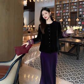 冬季真丝丝绒棉服圆领单排扣袖口拼接刺绣紫边撞色简约百搭外套女