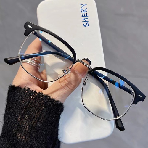 Retro half-rim anti-blue light brow frame, cool and stylish, suitable for round faces and slimming effect, can be paired with prescription or non-prescription glasses