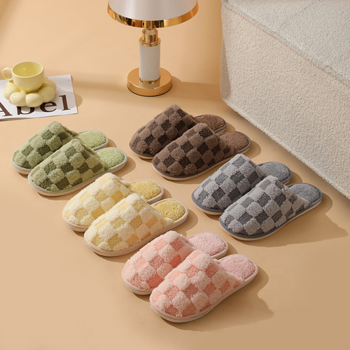 Autumn and winter plush simple plaid home indoor floor slippers couple warm cotton slippers wholesale dormitory