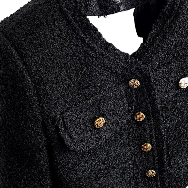 Черная короткая осенняя куртка, тонкая с длинным рукавом, в стиле Chanel, городской стиль