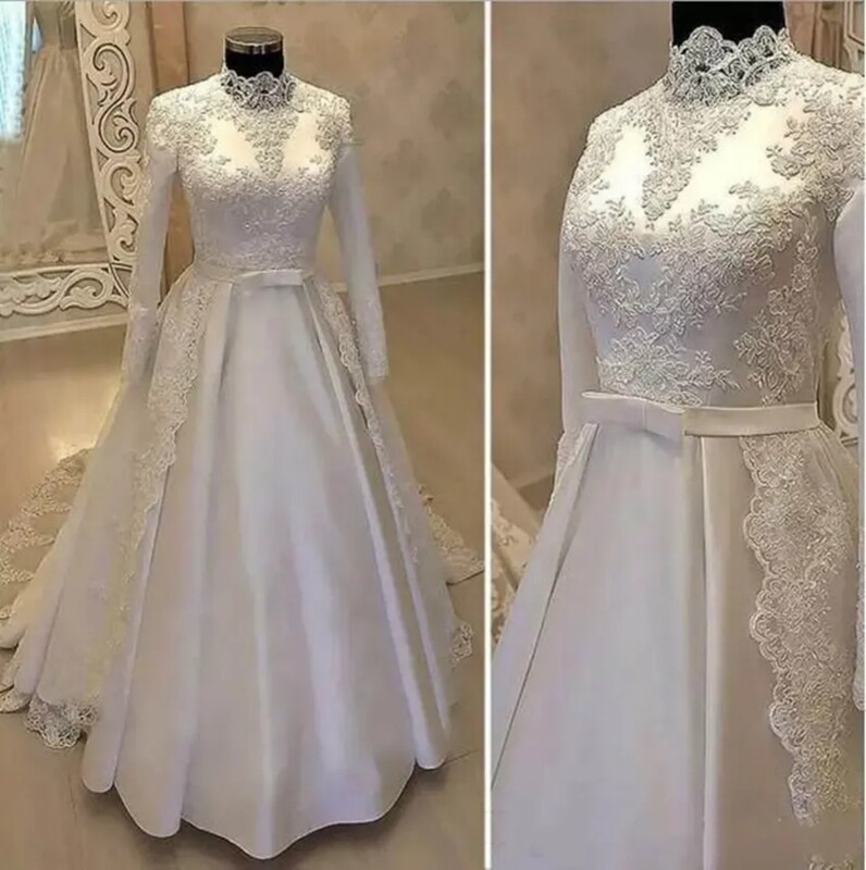 Cross-Border E-Commerce New Style High-Neck Round-Neck Long-Sleeve Small Train Satin Wedding Dress Muslim Wedding Dress with Applique Lace