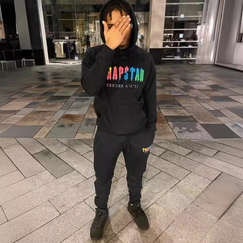 Trapstar Rainbow Scarf Embroidered Velvet Hooded Sweatshirt High Street Pants Zipper Casual Sweatpants Hoodie Suit Trendy
