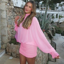 外贸秋冬新款欧美女装纯欲风圆领长袖性感露背透视褶皱包臀连衣裙