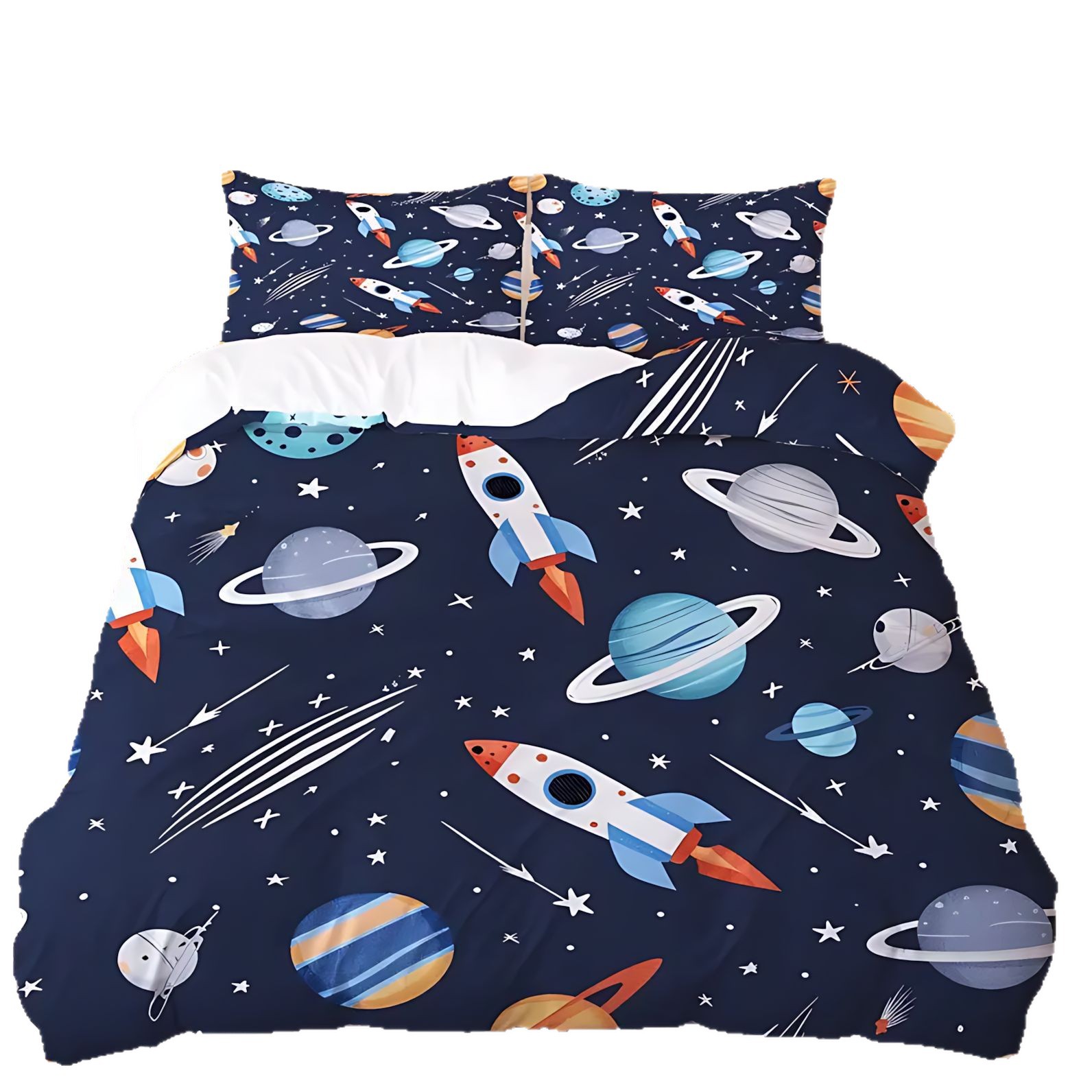 TEMU / JIT transfronterizo dibujos animados tema espacial impresión digital HD suave edredón transpirable kit de funda de almohada