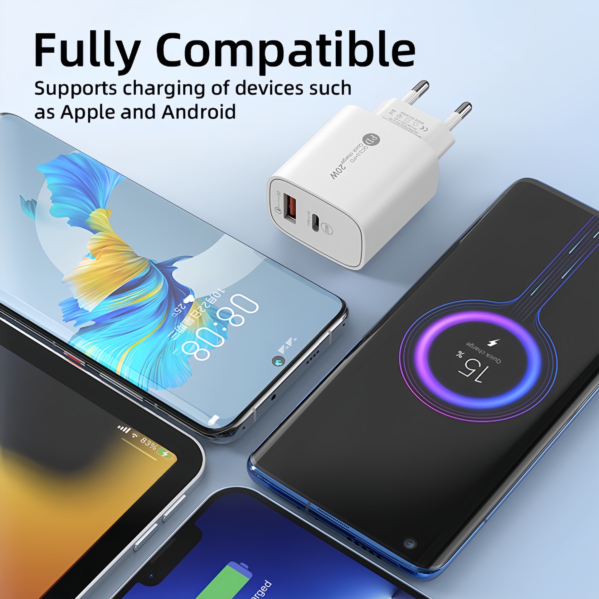 Fábrica al por mayor aplicable Apple PD20W QC3.0 estándar europeo/americano cabezal de carga doble puerto A C cargador de teléfono móvil