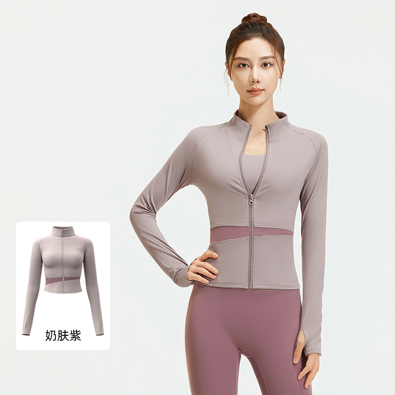 Juyi Tang honey桃 color combinación chaqueta de yoga desnuda chaqueta deportiva de cuello alto delgada ropa de ejercicios transpirable mujer