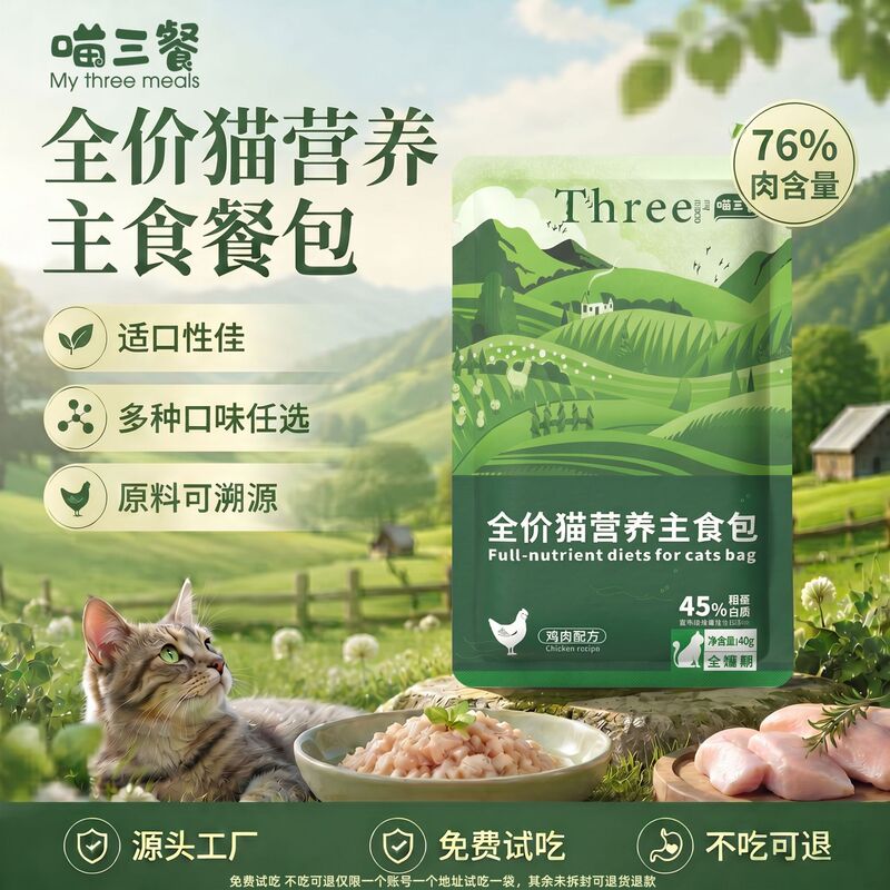 Meow Three Meals Main Food Pack Cat Food Ready Stock Full Price Fresh Sealed Wet Food Multiple Flavors One Meal Per Pack Ready to Eat 40g
