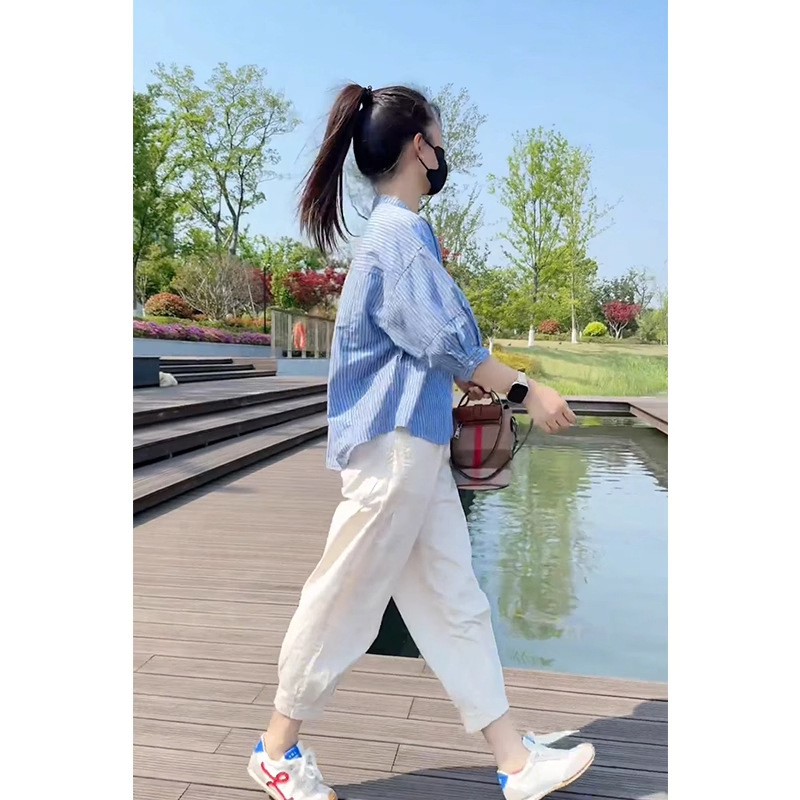 五分袖条纹衬衫女夏季新款宽松休闲简约时尚设计感小个子薄款上衣|undefined