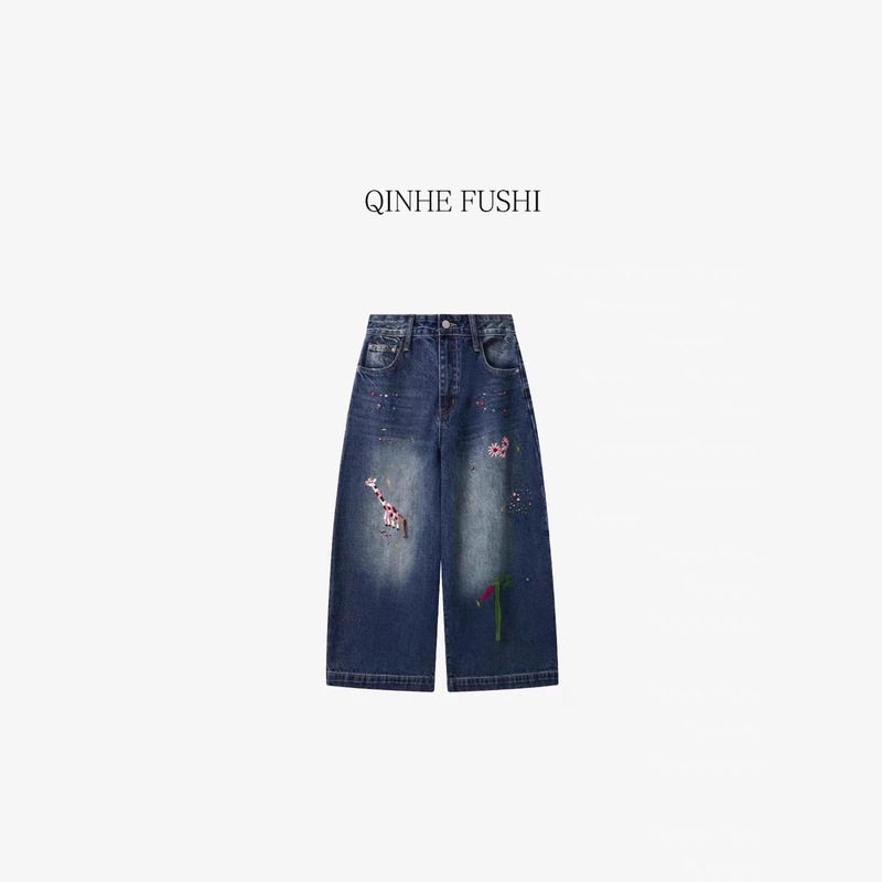 New Chinese-style national fashion Nanyou wholesale heavy embroidery rhinestone denim cotton cropped pants versatile playful denim wide-leg pants New Chinese-style national fashion Nanyou wholesale heavy embroidery rhinestone denim cotton cropped pants versatile playful denim wide-leg pants