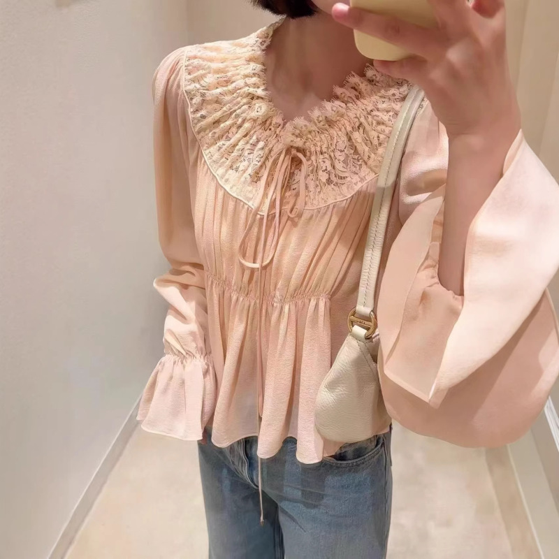 Chloe Lace Ruffle Cross-Border Shirt French Sweet Romantic Silk Top with Lace Trim Versatile Chloe Lace Ruffle Cross-Border Shirt French Sweet Romantic Silk Top with Lace Trim Versatile