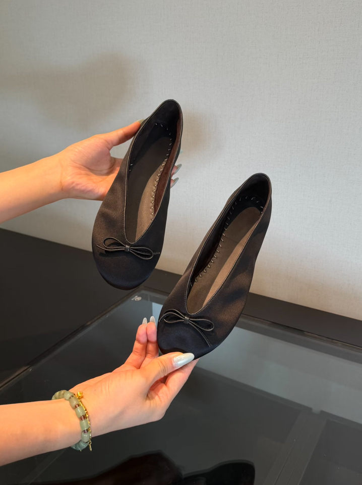 Giày Mary Jane nữ đế bệt mũi tròn thắt nơ, chất liệu satin mềm mại, cổ thấp — màu đen chi tiết 6