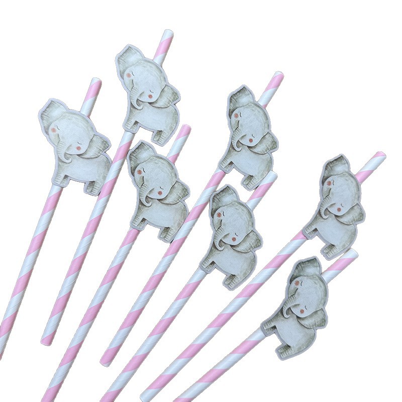 Animal transfronterizo elefante tarjeta de papel paja desechable degradable postre cóctel fiesta paja decoración