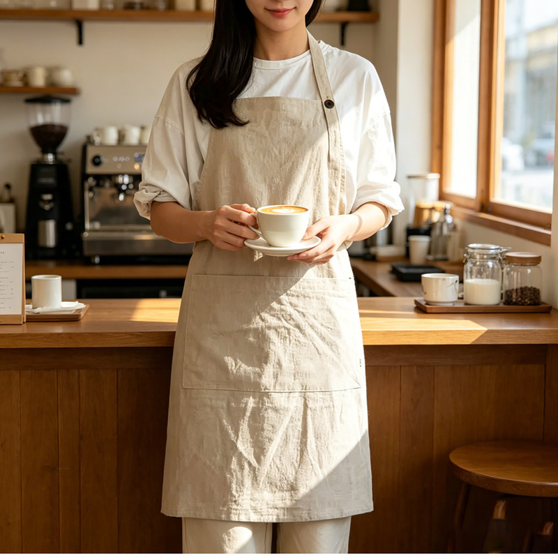 Cotton-linen halter neck apron for coffee shops, bakeries, florists, women's workwear, simple and breathable, customizable with text Cotton-linen halter neck apron for coffee shops, bakeries, florists, women's workwear, simple and breathable, customizable with text
