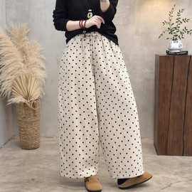 2025冬季新新款波点亚麻夹棉休闲裤子女文艺时尚加厚棉裤直筒裤