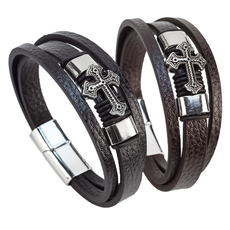Unique retro men's leather bracelet, fashionable trendy men's magnetic clasp bracelet, cross bracelet, cross-border e-commerce supply Unique retro men's leather bracelet, fashionable trendy men's magnetic clasp bracelet, cross bracelet, cross-border e-commerce supply