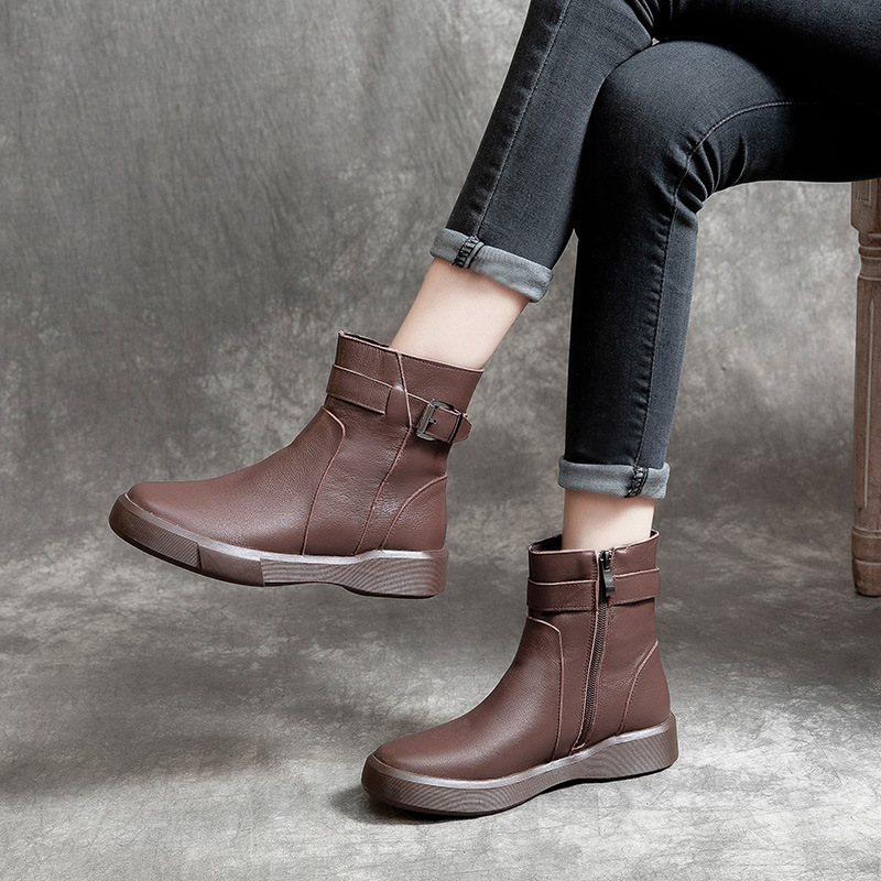 Wholesale first layer cowhide martin boots new autumn and winter casual short boots flat heel low buckle martin boots women