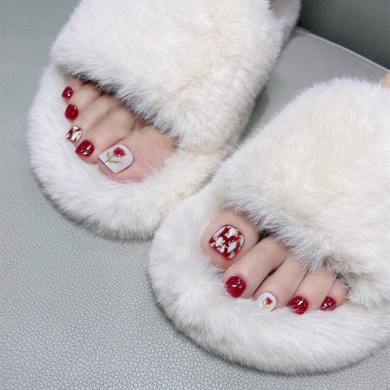 J38-Golden Shine Flower Wears Toenail Red Foot Manicure Sticks Summer Foot Nail Pieces White False Toenail Patch