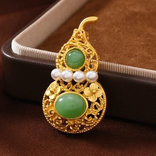 Chinese-Style Matte Gold Hollow Imitation Jade Gourd Brooch Anti-Exposure Pin Buckle New Chinese-Style Cheongsam Hanfu Brooch Accessory