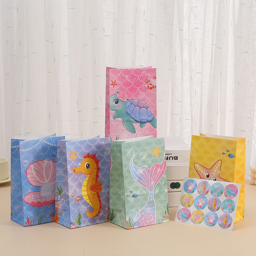 印花点心打包袋海洋系列纸袋牛皮纸包装袋贴纸礼品袋手提袋购物袋