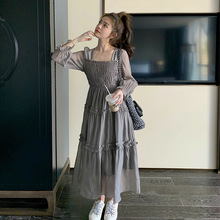 实拍2023法式方领褶皱连衣裙女欧洲站夏季款韩版设计感泡泡袖长裙