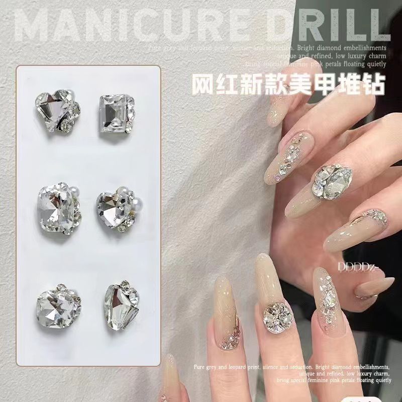 New nail art pile drill finished crooked heart rectangular love fat square axe drill super flash light luxury all-match pearl crystal drill