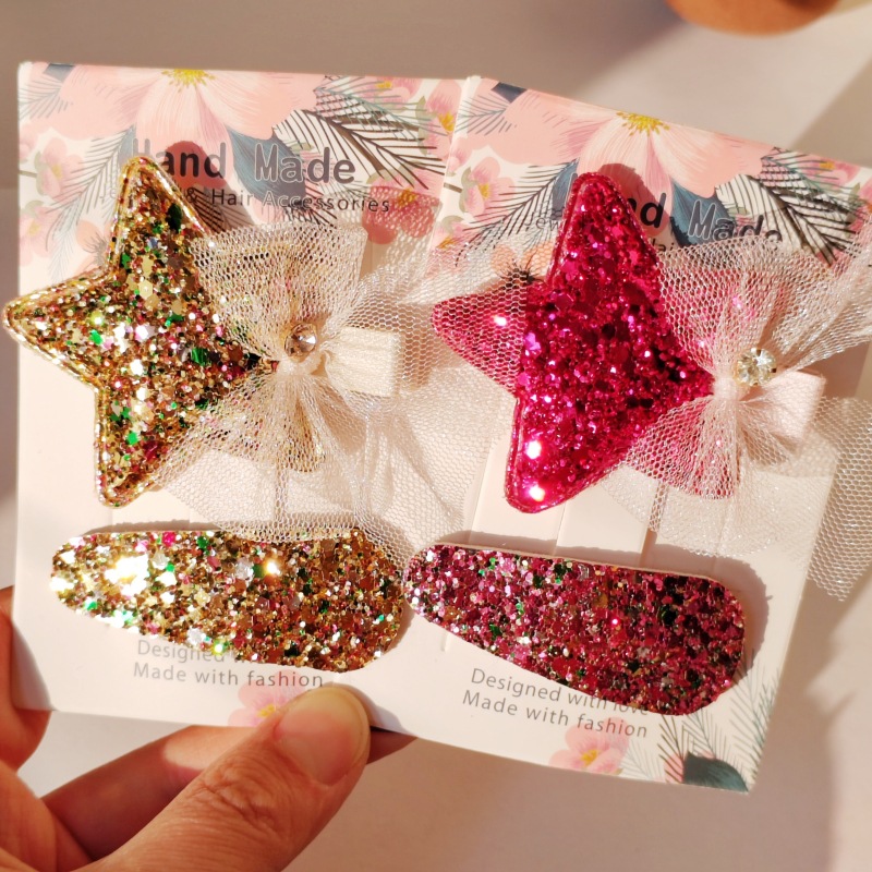 IG Style Sweet Star Bow Knot Cloth Sequins Lace Hair Clip 2 Pieces Set display picture 3