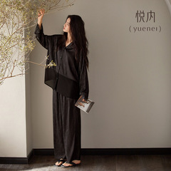 悦内睡衣女款春秋季秋天长袖冰丝绸薄款夏季家居服黑色轻奢高级感