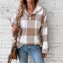 欧美跨境秋冬新款女装中性格子印花宽松休闲时尚纽扣连帽长袖卫衣