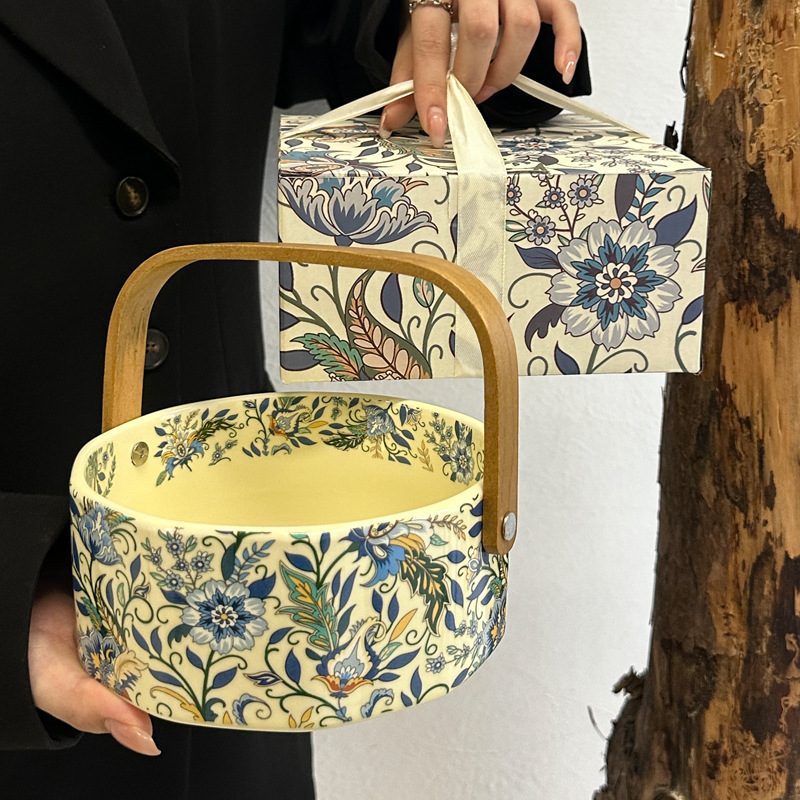 高颜值中古风鸢尾花陶瓷手提果篮精致高档伴手礼下午茶点心零食盘|undefined