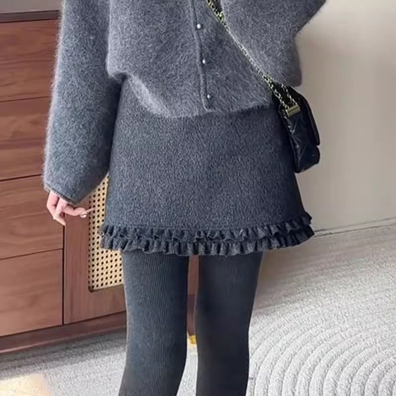 灰色设计感小众花边半身裙女装春秋高腰复古气质包臀裙A字裙短裙|undefined
