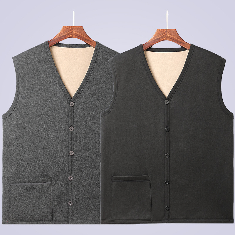 Spring and Autumn Middle-Aged and Elderly Men's Vest with Fleece Lining, Thickened Vest for Inner Wear, Large Pocket Thermal Clothing, Grandpa Cardigan Vest