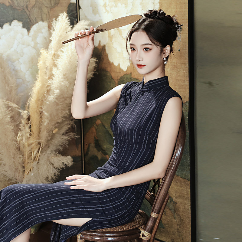 時尚條紋無袖民國風新中式日常改良旗袍年輕款女復古修身平時可穿