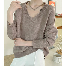 实拍韩国东大门秋冬新款纯色宽松V领毛衣套头打底针织衫女花驼棉