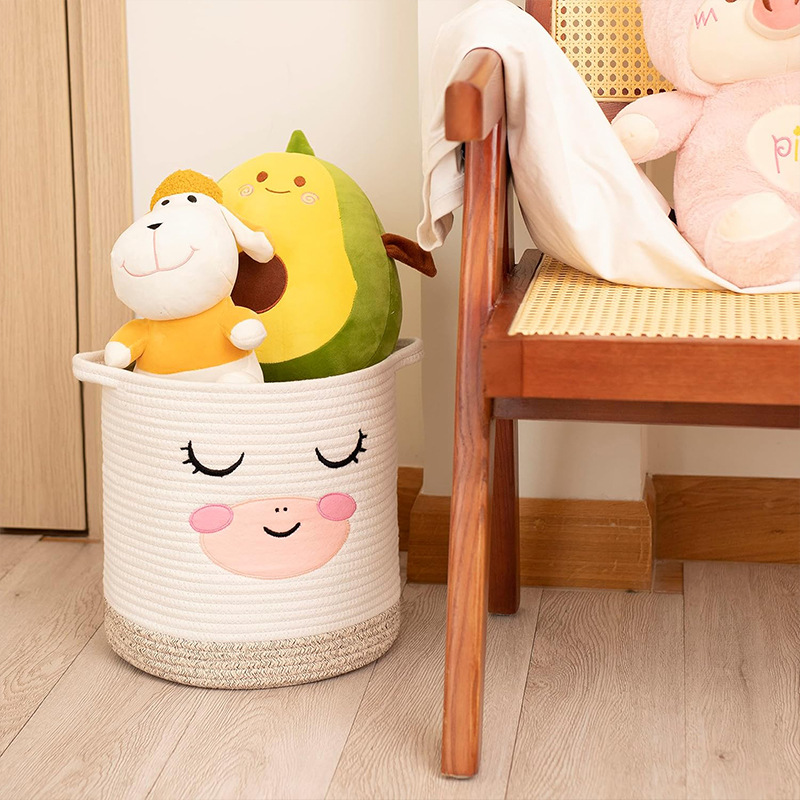 Cesta de almacenamiento de cuerda de algodón personalizada Cesta de almacenamiento de hilo de algodón lindo de dibujos animados Cesta de almacenamiento de acabado de ropa sucia de gran capacidad