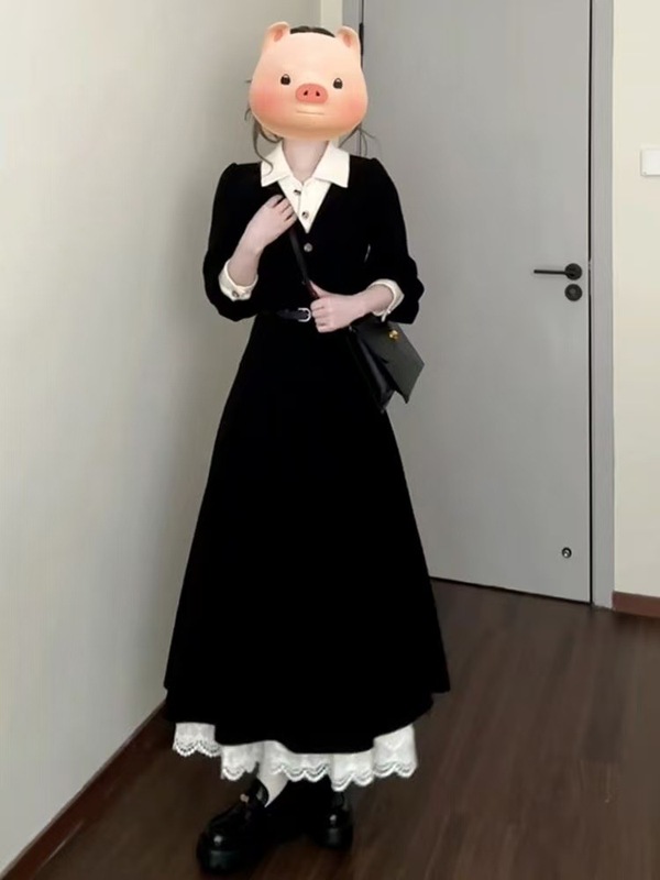 黑色假两件长袖连衣裙女秋季新款收腰气质高级感减龄中长款裙子|undefined